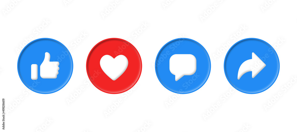 3d Social media notification icons in modern button like love comment share icon. thumbs up, heart, repost, icons	
 - obrazy, fototapety, plakaty 