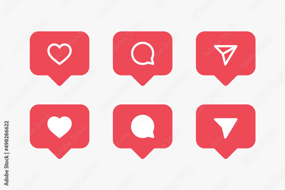 Social media notification icons in speech bubbles like love comment share icon line outline icons symbol - obrazy, fototapety, plakaty 