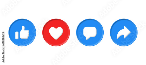 3d Social media notification icons in modern button like love comment share icon. thumbs up, heart, repost, icons	
