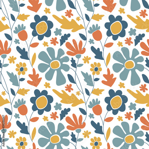 Modern abstract flowers seamless pattern. Blue, yellow and terracotta boho floral vector illustration.