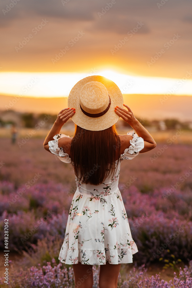 A young beautiful girl in a delicate dress and hat walks through a beautiful field of lavender and enjoys the fragrance of flowers. Rest and beautiful nature. Lavender blooming and flower picking.
