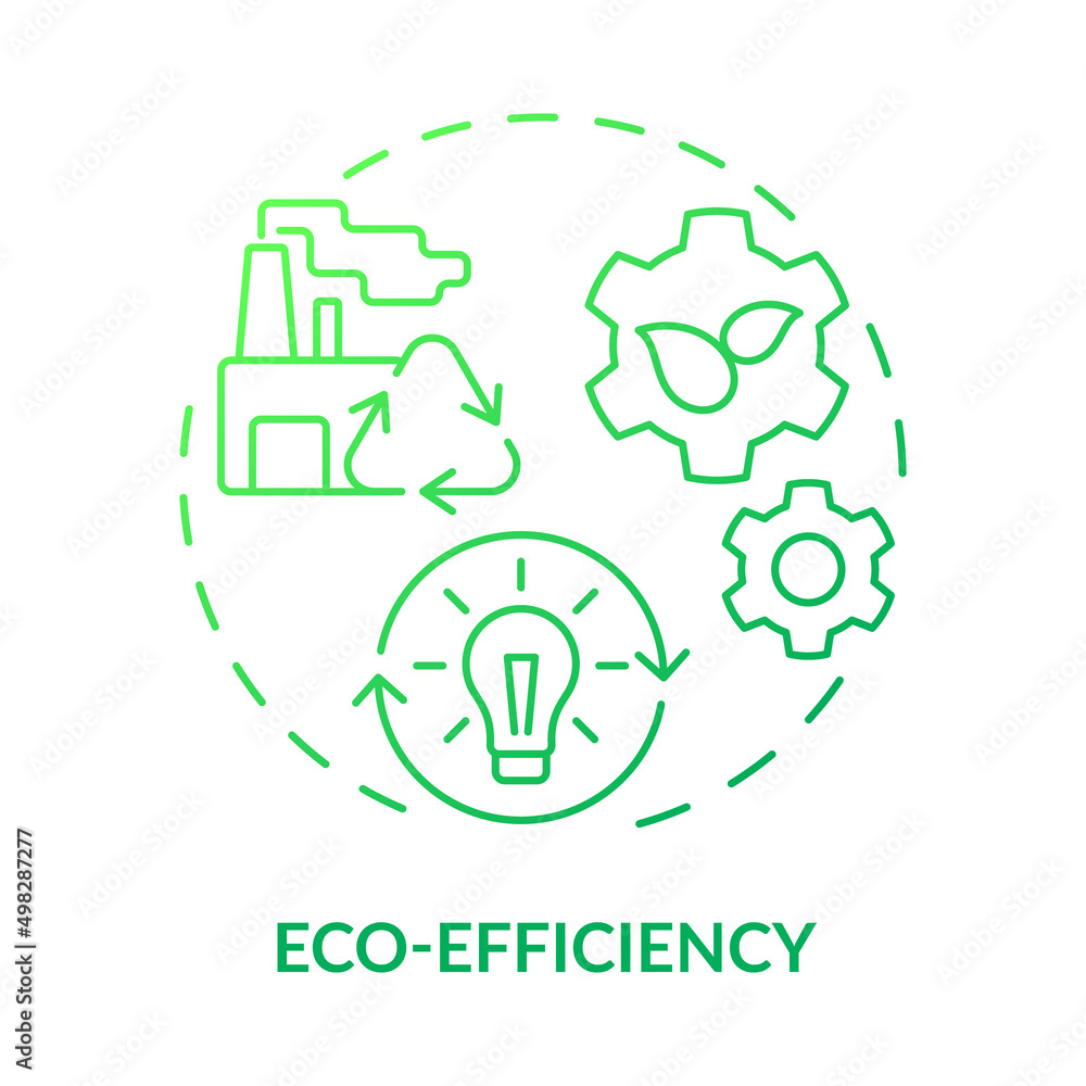 Eco-efficiency green gradient concept icon. Sustainability promotion. Area of industrial ecology abstract idea thin line illustration. Isolated outline drawing. Myriad Pro-Bold font used Eco-efficiency green gradient concept icon. Sustainability promotion. Area of industrial ecology abstract idea thin line illustration. Isolated outline drawing. Myriad Pro-Bold font used