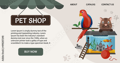 Pet shop sale banner or hedder for website with domestic animals and care accessories. Zoo store discount 