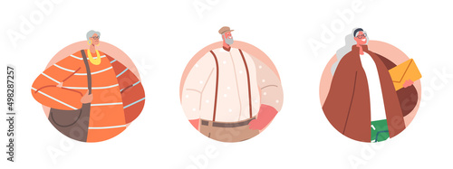 Modern and Elegant Aged Pensioners Round Icon or Avatars. Trendy Old Male and Female Characters Wear Fashionable Clothes