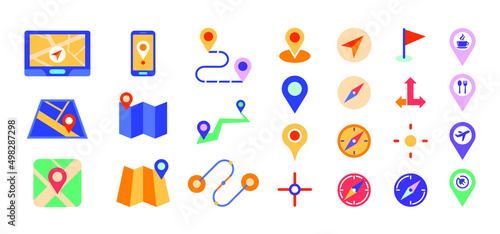 Large set of colorful pin pointers each showing a different vector infographic. Map icons, topography and routes vector collection. Navigation set icons