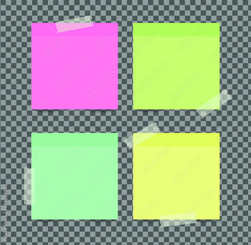 Realistic sticky notes isolated with real shadow on black background. Square sticky paper reminders with shadows, paper page mock up. 