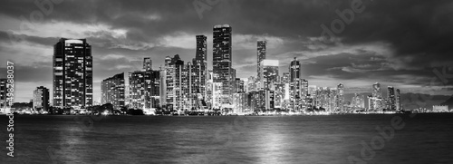 Black and white Miami skyline evening panoramic view