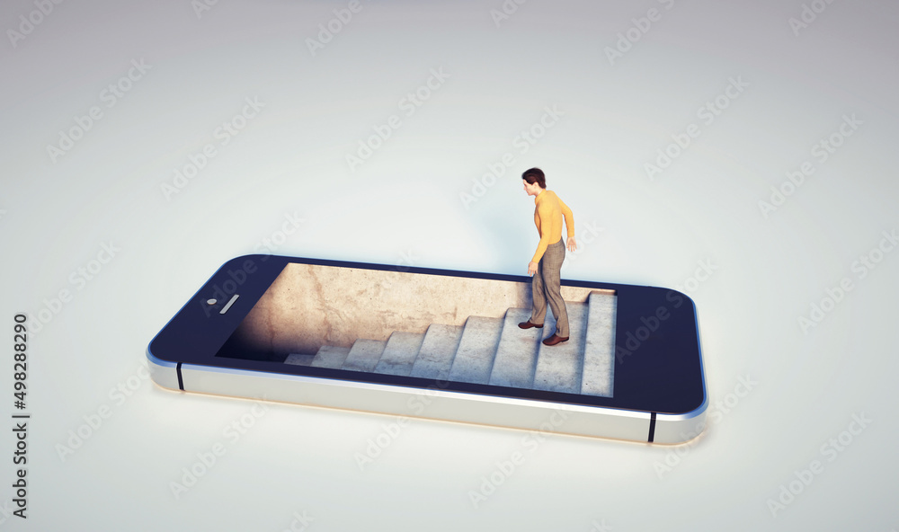 Man on stairs inside a smartphone. - obrazy, fototapety, plakaty 