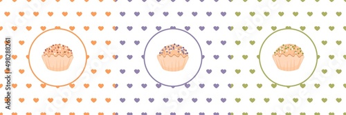 Backgrounds of hearts and patterns of cupcakes with sprinkles set. Seamless pattern design for banners, cards, covers and flyers. Vector illustration.