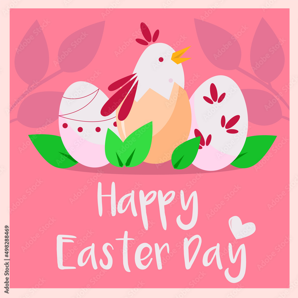Happy Easter Day spring illustration with nest, eggs and bird for greeting card Happy Easter Day spring illustration with nest, eggs and bird for greeting card