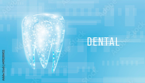 Tooth. Abstract wireframe low poly style banner. Dentistry services, teeth treatment, dental care, stomatology concept. Blue background. Vector illustration