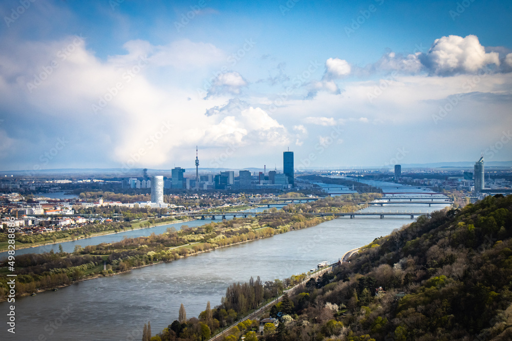aerial view over Danube and modern part of Vienna from Leopoldsberg, vineyards, Austria,