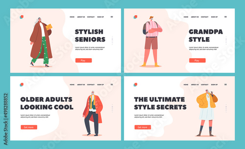 Trendy Modern and Elegant Aged Pensioners Landing Page Template. Old Male and Female Characters Posing