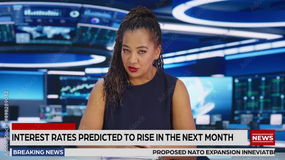 Mockup Television Channel with Live TV News. Anchorwoman Leads Segment