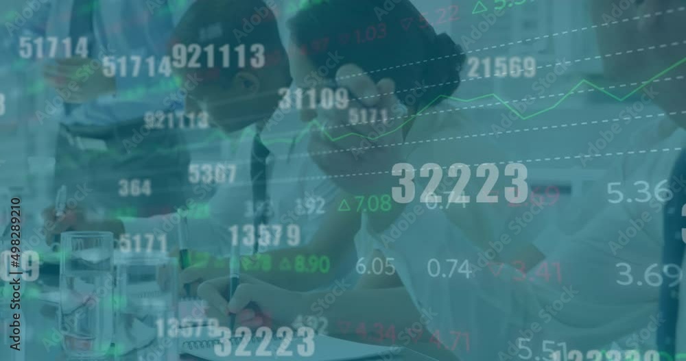 Animation of data processing over diverse group of business people in office Animation of data processing over diverse group of business people in office