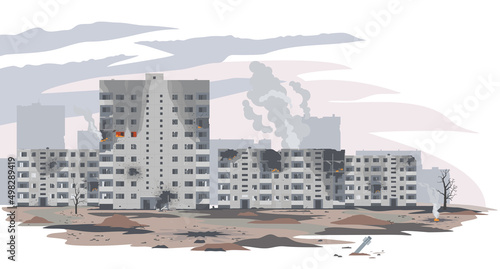 Ruined city after bombing. Destroyed buildings. Vector illustration. War of Russia against Ukraine
