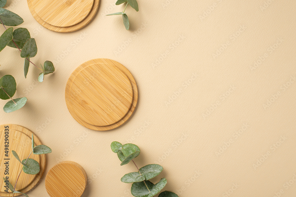 No plastic concept. Top view photo of bamboo stands and eucalyptus leaves on isolated beige background with copyspace No plastic concept. Top view photo of bamboo stands and eucalyptus leaves on isolated beige background with copyspace