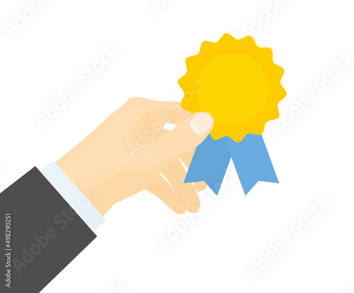 businessman hand holds golden winner medal, concept of achivement goal, success, quality, competition- vector illustration