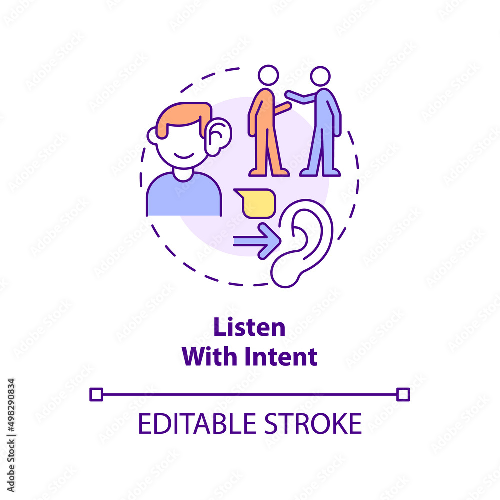 Listen with intent concept icon. Focus on conversation. Step to charisma abstract idea thin line illustration. Isolated outline drawing. Editable stroke. Arial, Myriad Pro-Bold fonts used