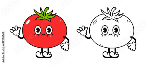 Cute funny tomato waving hand character outline cartoon illustration for coloring book. Vector hand drawn traditional cartoon vintage, retro, kawaii character illustration icon. Isolated on white