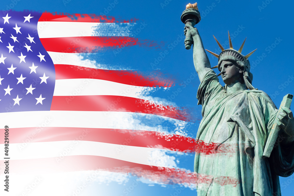 Naklejka premium American flag and Statue of Liberty. News from America. National symbols of the USA. American patriotism. Symbols of American independence. Banner for Independence Day in United States of America.