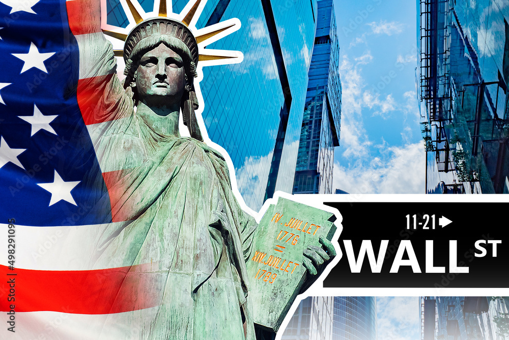 Obraz premium NYSE and symbols of America. Wall Street sign near New York Stock Exchange with flags of the United States. World financial center in USA. American stock market. Financial system of America.