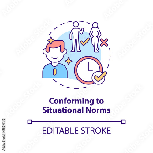 Conforming to situational norms concept icon. Impression management technique abstract idea thin line illustration. Isolated outline drawing. Editable stroke. Arial, Myriad Pro-Bold fonts used