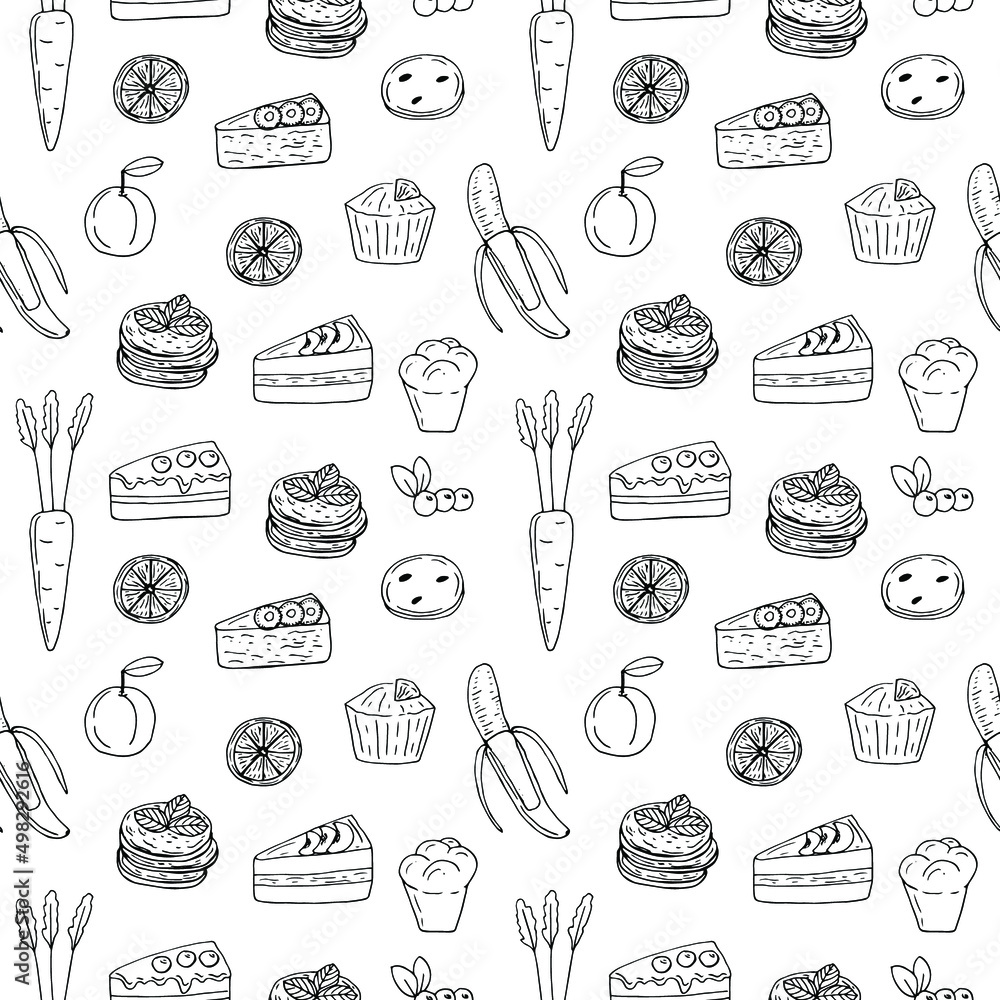 Vegan desserts seamless pattern vector illustration, hand drawing doodles