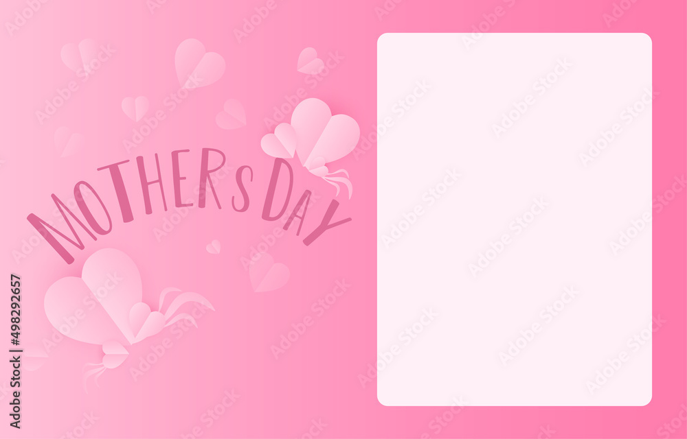 Mother's Day greeting card banner vector with 3d flying hearts pink papercut and bank paper .symbol of love and handwritten letters on pink background.