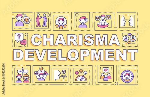 Charisma development word concepts yellow banner. Interpersonal skills. Infographics with icons on color background. Isolated typography. Vector illustration with text. Arial-Black font used