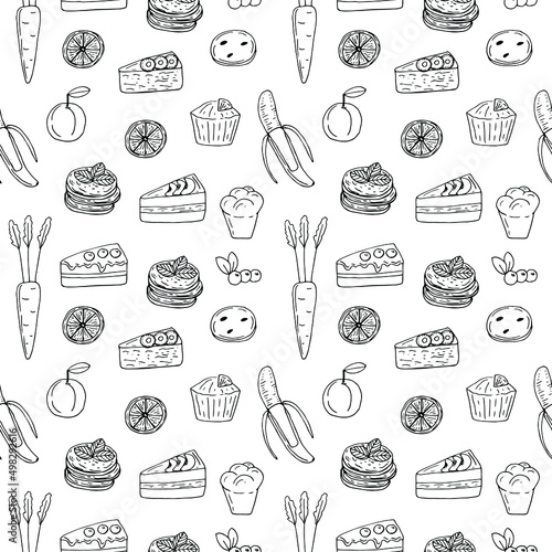 Vegan desserts seamless pattern vector illustration, hand drawing doodles