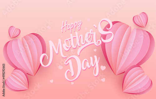 Mother's Day greeting card banner vector with 3d flying hearts pink papercut.symbol of love and handwritten letters on pink background.