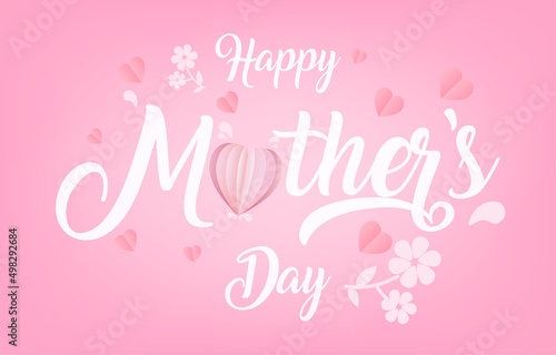 Mother's Day greeting card banner vector with 3d flying hearts pink papercut.symbol of love and handwritten letters on pink background.