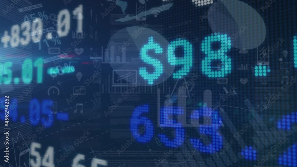 Animation of stock market and financial data processing over black background Animation of stock market and financial data processing over black background