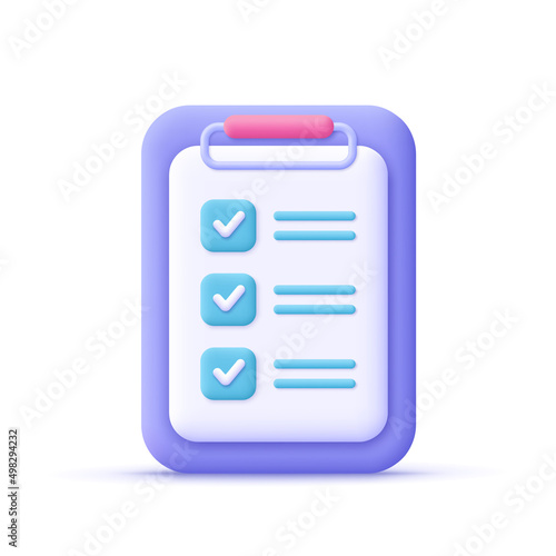 Clipboard with checklist, todo check list. Business, education, task management and productivity concept. 3d vector icon. Cartoon minimal style.