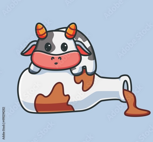 cute cow spilled milk from the bottle. isolated cartoon animal nature illustration. Flat Style suitable for Sticker Icon Design Premium Logo vector. Mascot Character
