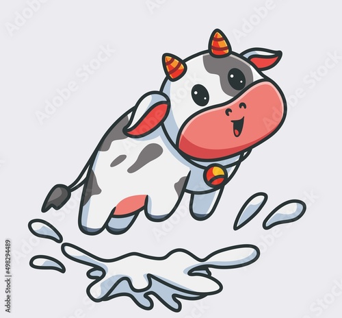 cute cow flying with splash of milk. isolated cartoon animal nature illustration. Flat Style suitable for Sticker Icon Design Premium Logo vector. Mascot Character