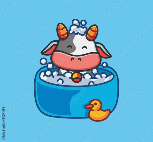 cute cow bathing on tub. isolated cartoon animal nature illustration. Flat Style suitable for Sticker Icon Design Premium Logo vector. Mascot Character