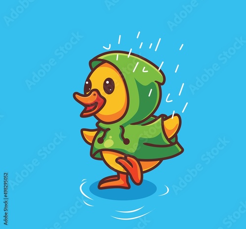 cute duck wearing raincoat rain. isolated cartoon animal nature illustration. Flat Style Sticker Icon Design Premium Logo vector. Mascot Character