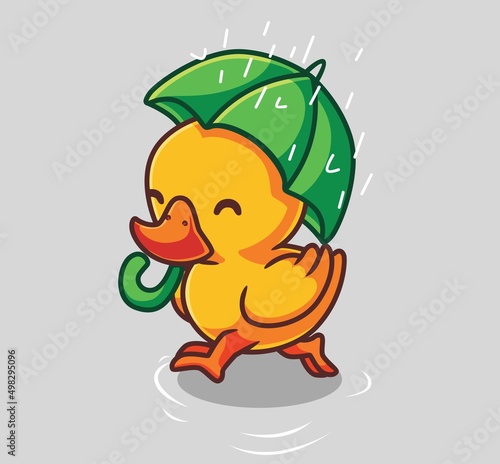 cute duck bring umbrella rainy day. isolated cartoon animal nature illustration. Flat Style Sticker Icon Design Premium Logo vector. Mascot Character