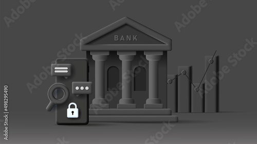 Web digital illustration of a bank building icon with smartphone and graph, mono chrome black 3d modern cartoon style