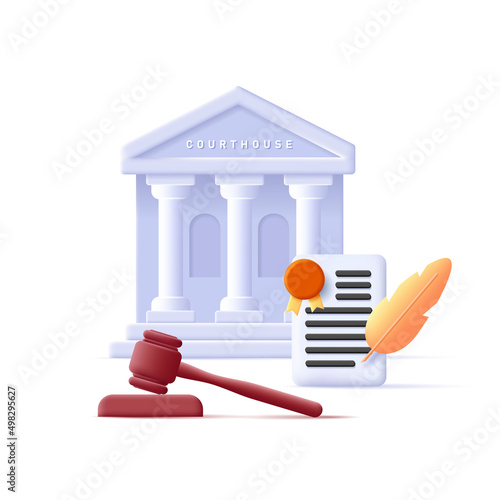 Web digital icon of a court building with document and judge hummer