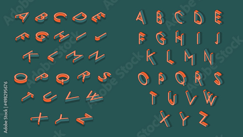 Isometric alphabet vector font. 3D effect capital letters. Geometric letters with shadow. Stock vector typeface. Salmon and Green.