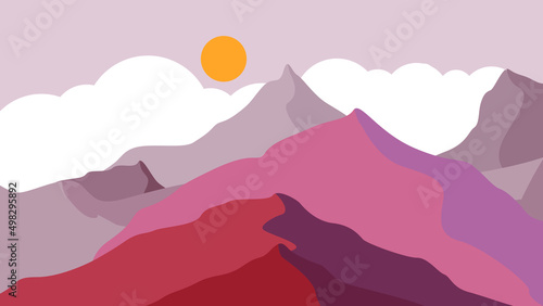 Mountain silhouettes with sun. Peaks in sunset. Mountain landscape . Summit and sunset logo .Vector
