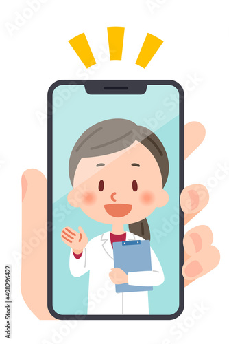 スマホでのリモート診療画面　医師の女性のイラスト