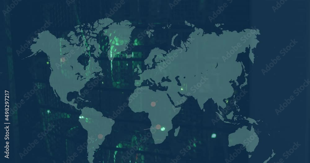 Animation of world map and networks of connections over computer server Animation of world map and networks of connections over computer server