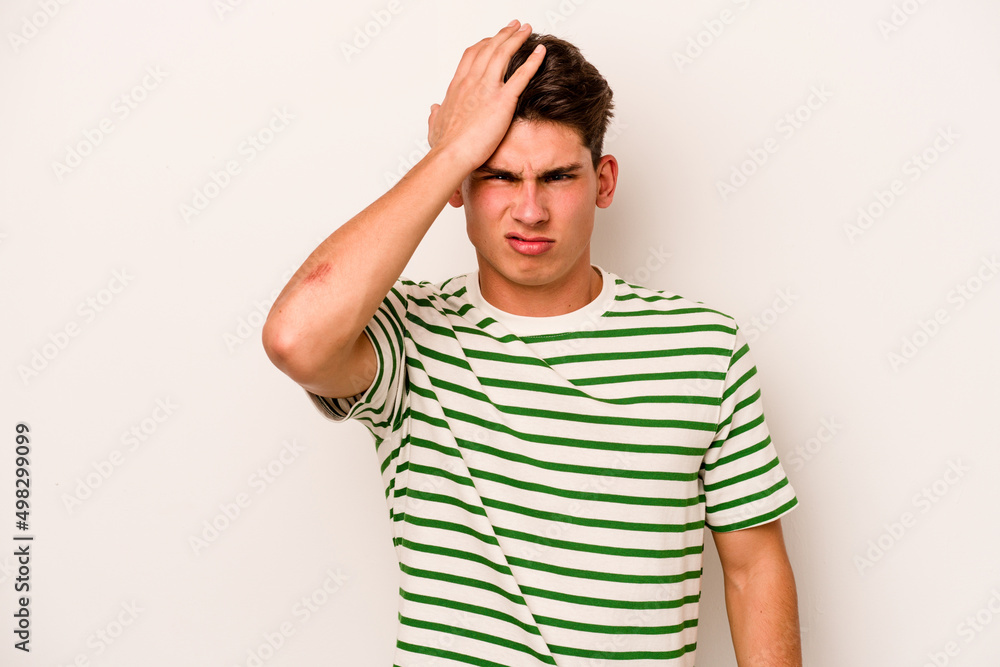 Young caucasian man isolated on white background forgetting something, slapping forehead with palm and closing eyes. Young caucasian man isolated on white background forgetting something, slapping forehead with palm and closing eyes.