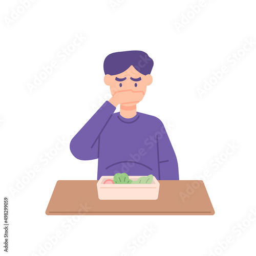 a man or boy who does not want or does not like to eat vegetables. refuse food. no appetite. flat cartoon. character and people activity illustration design