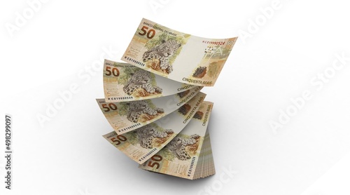 3d Money notes of 50 reais, and 50 reais from brazil in white background. Money from brazil. earn money. Real, Currency, Dinheiro, Reais, Brasil. Money banknotes 3d illustration. photo