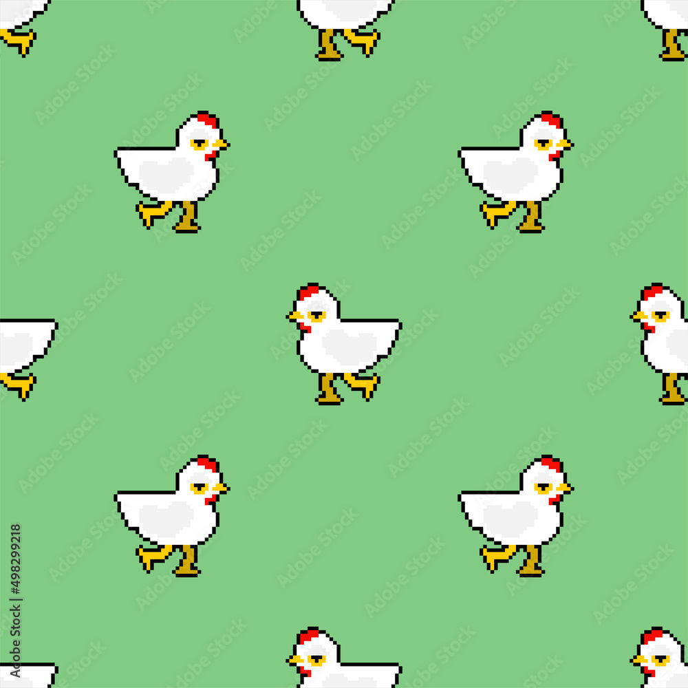 Chicken pixel art pattern seamless. 8 bit hen background. pixelated farm bird texture